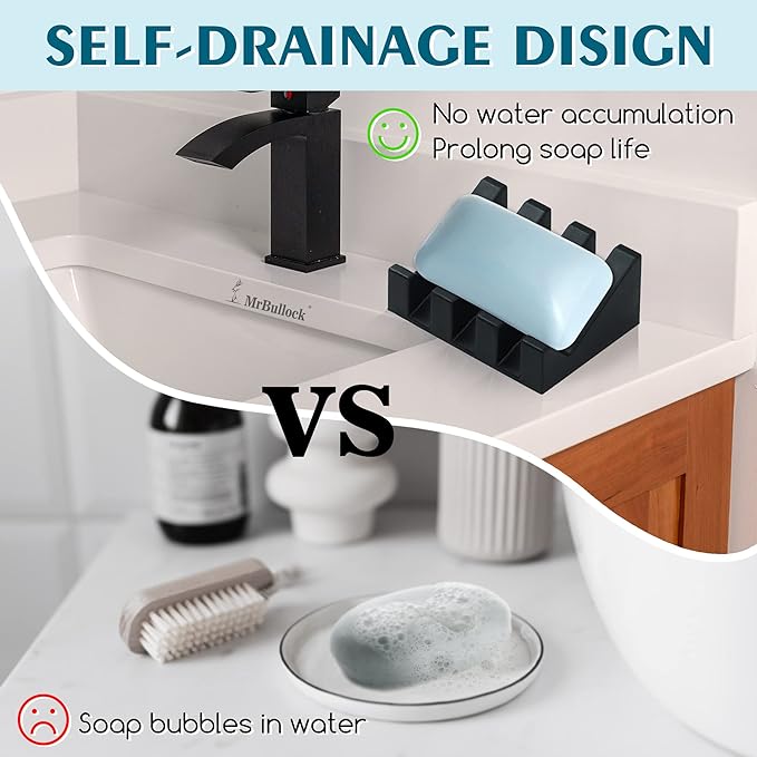 Silicone Soap Dish for Bar Soap Holder for Shower Bathroom Self Draining Waterfall Drying Tray Keep Soap Bars Dry Clean & Easy Cleaning (Green and Black, 2)