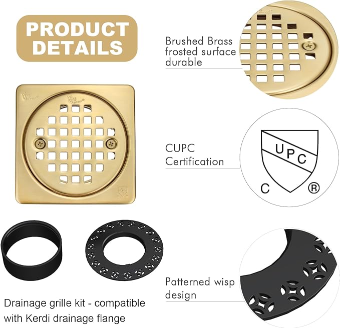 4” Shower Floor Drain Grate Kit Brushed Brass - Compatible with Schluter Kerdi-Drain Flange - with Adjustable Collar & Removable Square Cover, SUS304 Stainless Steel & CUPC Certification