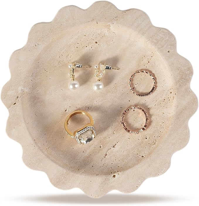 Koville Travertine Jewelry Tray, 5.51" Round Trinket Dish for Ring Necklace Earring Perfume, Natural Scalloped Decorative Tray for Countertop Bathroom Kitchen Dresser, Beige Stone Tray