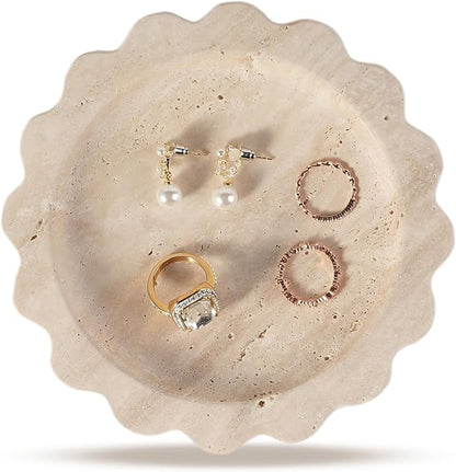 Koville Travertine Jewelry Tray, 5.51" Round Trinket Dish for Ring Necklace Earring Perfume, Natural Scalloped Decorative Tray for Countertop Bathroom Kitchen Dresser, Beige Stone Tray