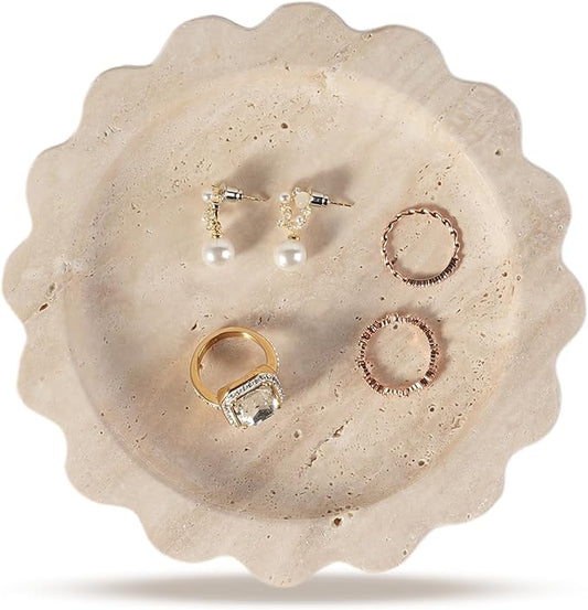 Koville Travertine Jewelry Tray, 5.51" Round Trinket Dish for Ring Necklace Earring Perfume, Natural Scalloped Decorative Tray for Countertop Bathroom Kitchen Dresser, Beige Stone Tray