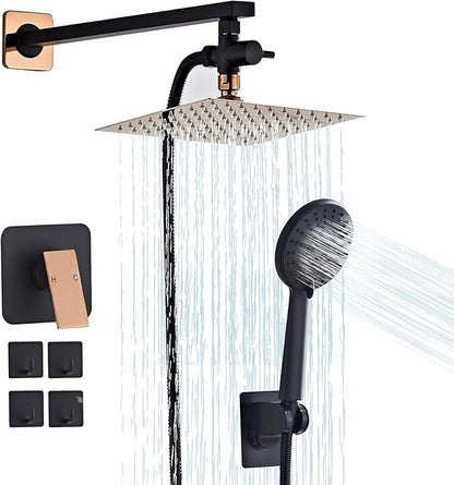 Shower Head 8'' High Pressure Rainfall, Handheld Shower Combo with 11'' Extension Arm, 5 Spray, Anti-leak Luxury Premium Quality, Rainfall Shower Head with Handheld Spray Combo, Rose Gold
