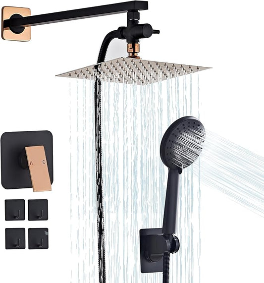 Shower Head 8'' High Pressure Rainfall, Handheld Shower Combo with 11'' Extension Arm, 5 Spray, Anti-leak Luxury Premium Quality, Rainfall Shower Head with Handheld Spray Combo, Rose Gold