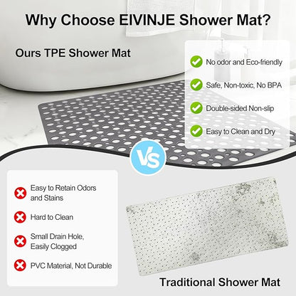 Anti Slip Shower Mat with Suction Cups,27x27 Inch Quick Drain TPE Non Slip Shower Mats for Inside Shower,Large Bath Mat for Shower Soft on Feet, Easy to Dry&Cut Machine Washable
