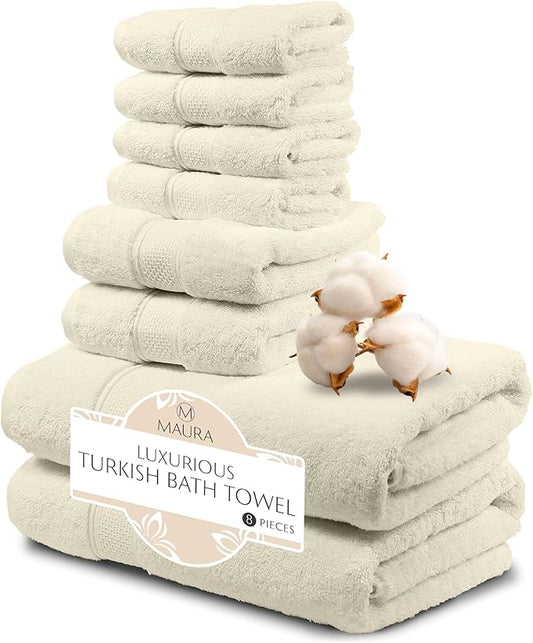 MAURA Ivory Bath Towel Set of 8 for Bathroom. Turkish Cotton Luxury Bath Towels. Extra Large, Thick, Plush & Soft. Hotel & Spa Quality - Cream