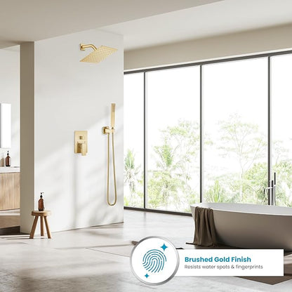 gotonovo Rainfall Bathroom Shower System Rain Shower Head and Handle Set Wall Mounted Shower Complete Combo Solid Brass Pressure Balancing Shower Mixer Valve 8 Inch Brushed Gold