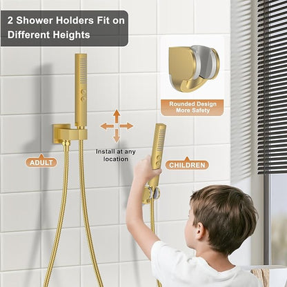 Shower Faucet Set, Ceiling Mount Rainfall Shower Head System 12" + 6" Dual Rain Shower Head Sets with 2 in 1 Handheld Spray for Bathroom with Rough-in Valve and Shower Trim Kit, Brushed Gold