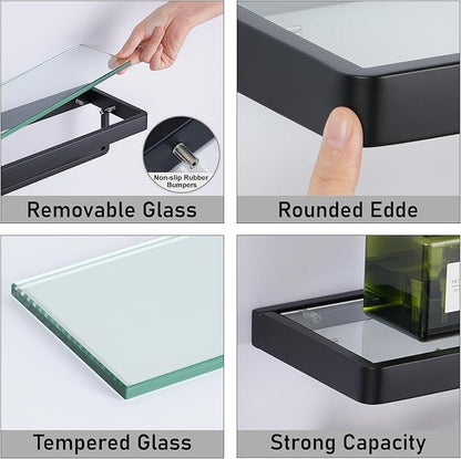 Glass Shelves/Shelf with Towel Bar/Rack 20-inch Floating Shelves for Bathroom Tempered Glass Rectangular 1 Tier Organizer Wall Shelf (Matte Black, 20'')