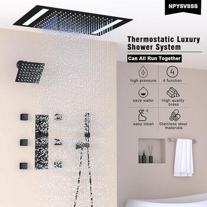 Thermostatic Shower System with 14x20 Inch Ceiling Mount LED Head & 6 Inch Wall Head and Handheld Shower 4 Function Vale with body jets Can All Run Together, Matte Black