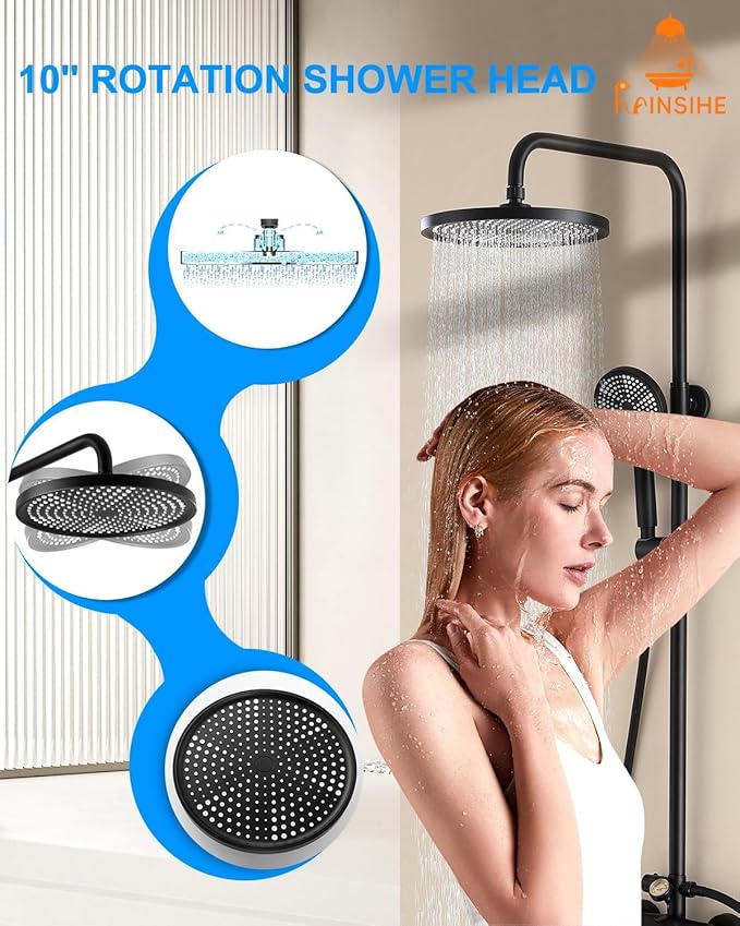 Outdoor Shower Kit, Exposed Shower System with Dial Thermometer Brass Valve, 10'' Rainfall Shower Head and Handheld Shower Faucet Combo for Bath Backyard - Black Wall Mounted