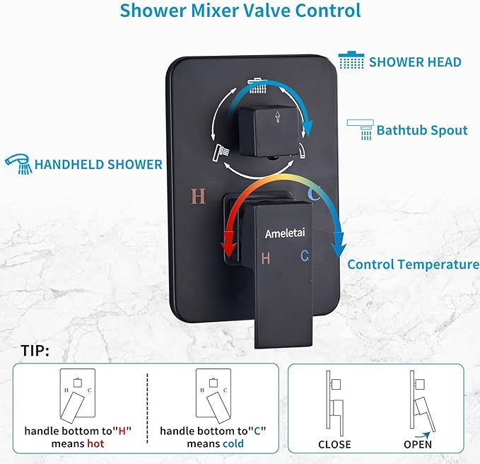 Shower Faucet Set, Black shower system with Square Rainfall Shower head, Handheld Wall Mounted Showerhead and Waterfall Tub Spout, 12 Inch, Metal Shower Faucet Trim Repair Kits