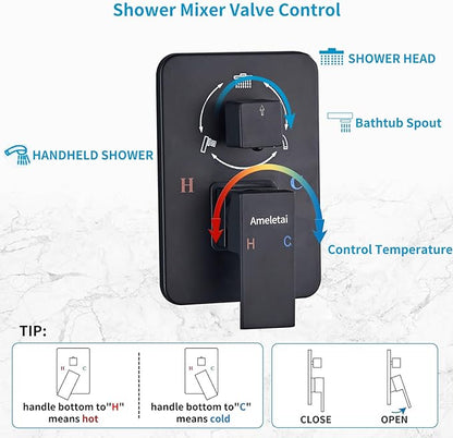 Shower Faucet Set, Black shower system with Square Rainfall Shower head, Handheld Wall Mounted Showerhead and Waterfall Tub Spout, 12 Inch, Metal Shower Faucet Trim Repair Kits
