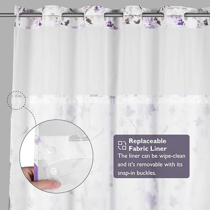 Lagute SnapHook Hook Free Shower Curtain with Snap-in Liner & See Through Top Window | Hotel Grade, Machine Washable | 71Wx74L, Purple Blossom