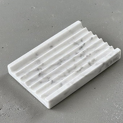 Marble Soap Dish - Soap Dish for Shower, Shower Bar Soap Holder, Real Marble Bathroom Tray, Decorative Stone Soap Dish with Drainage (Calacatta White, Wave Slot)