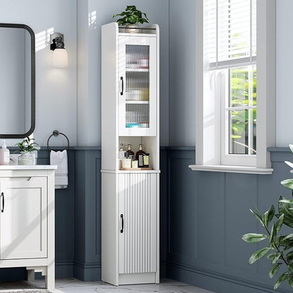 71" H Tall Bathroom Storage Cabinet, Narrow Bathroom Cabinet with Glass Door Slim Cabinet with Adjustable Shelf Skinny Linen Tower Thin Linen Storage for Small Space, Cream White