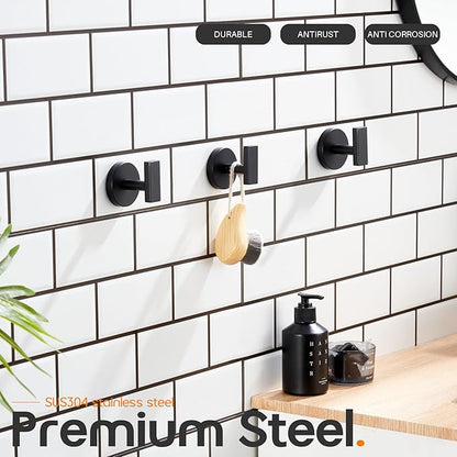 Robe Hook Matte Black Bath Towel Hooks Stainless Steel Wall Hooks for Bathroom Kitchen Closet Garage Door Hanger 3 Pack, AN1001MB-P3