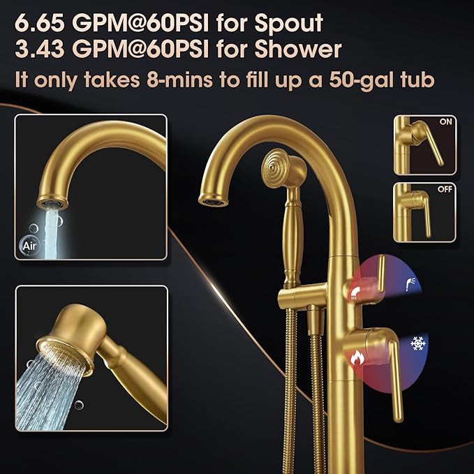 Free Standing Tub Faucet, Wintap Brass Antique Freestanding Bathtub Filler with Handheld Sprayer Max 6.6GPM/60PSI Classic Brushed Gold WT-9811BG