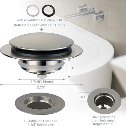 Brushed Bathtub Drain Stopper,Universal Pop Up Bath Drain, Hidrop Tip Toe Tub Drain Stopper,Conversion Kit Assembly, Replaces Lift and Turn,Tip-Toe and Trip Lever drains for Tub, EZ Install(Brushed)