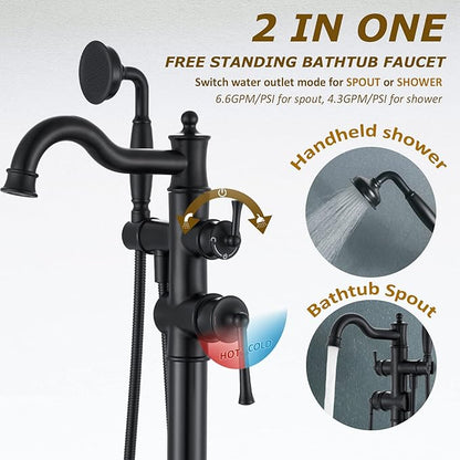 Freestanding Floor Mount Tub Filler with Handheld Shower Roman Bathtub Faucet by Matte Black Finish, Swivel Spout with Brass Rough-in and Water Hose