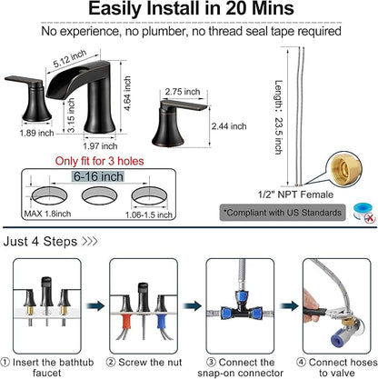 Oil Rubbed Bronze Waterfall Tub Faucet 3 Hole, Brass High Flow Roman Bathtub Faucet, Widespread Bathtub Faucets 6-16 Inch 2 Handle Deck Mount