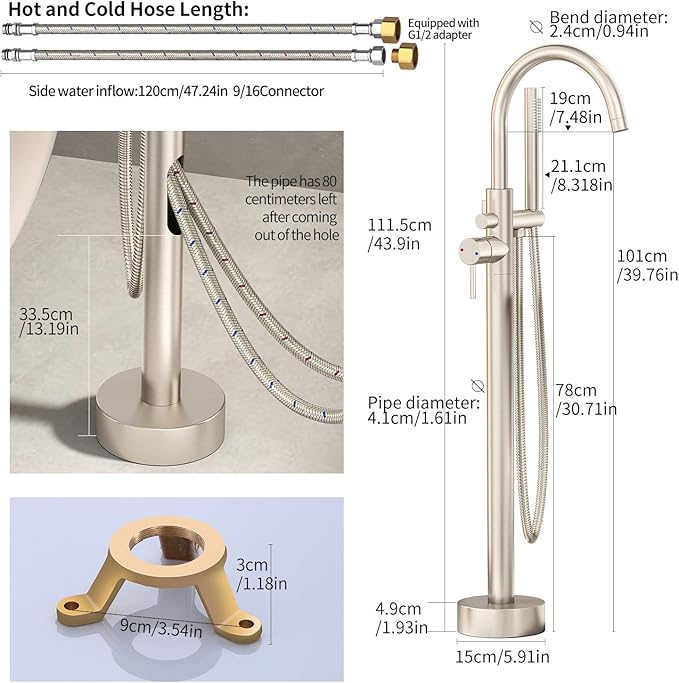 Freestanding Bathtub Faucet Waterfall Tub Filler Brushed Nickel Floor Mount Brass Single Handle Bathroom Faucets with Hand Shower (Brushed Nickel, Water in the side)