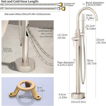 Freestanding Bathtub Faucet Waterfall Tub Filler Brushed Nickel Floor Mount Brass Single Handle Bathroom Faucets with Hand Shower (Brushed Nickel, Water in the side)