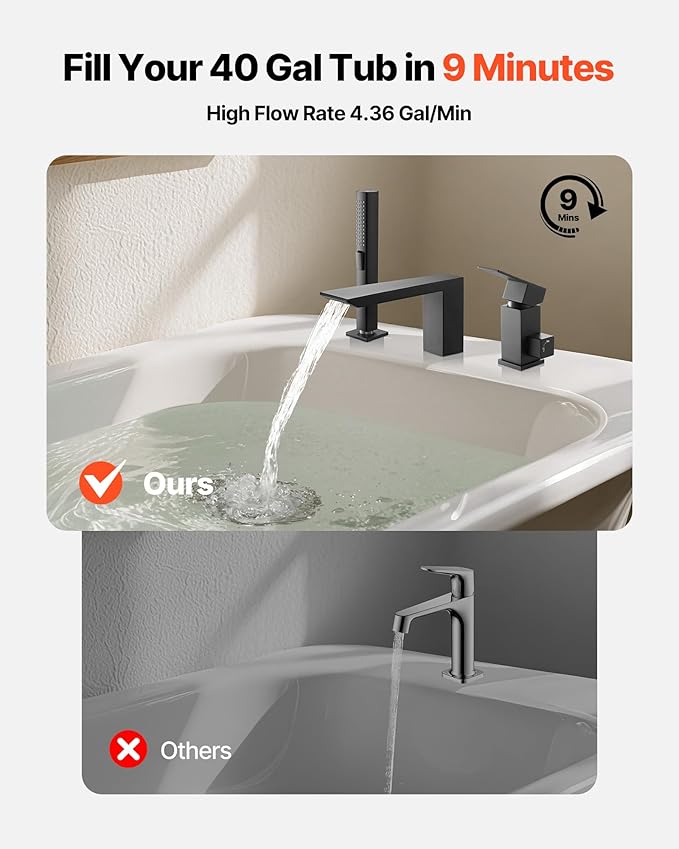 VEVOR Roman Tub Faucet, 3 Hole Waterfall Bathtub Faucet, Roman Bathtub Faucets Set with Shower Head & 1 Handle, Romans Bathtub Faucets for Pet Washing, Adult Bathing, Matte Black, Stainless Steel