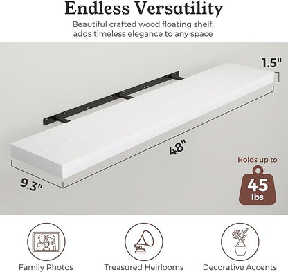 Floating Shelves for Wall, 9.3" Deep Wall Mounted Wood Shelves for Bathroom, Bedroom, Living Room, Kitchen, Hanging Shelf for Books/Storage/Room Decor (White, 48")
