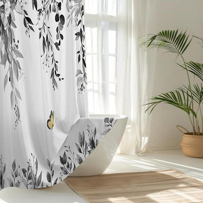 No Hook Shower Curtain and Liner Set, Grey Eucalyptus Floral Shower Curtains for Bathroom, Bath Curtain Sets with Snap in Liner, Waterproof with See Through Top Window, 71x77 Inches