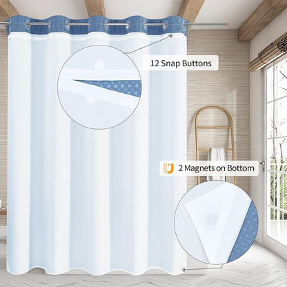 MitoVilla No Hooks Needed Extra Long Shower Curtain Liner Set, Blue 86 inch XL Heavyweight Waffle Fabric Cloth Shower Curtains Set with Snap-in Liner for Modern Luxury Hotel & Spa Bathroom Decor