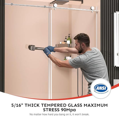 58-60" Wx74 H Frameless Single Sliding Shower Door, 5/16" Tempered Glass&Shatter Proof Film Doubling Safety, Easy Clean Coating&Stainless Steel Hardware,Strong Seals Water Protection