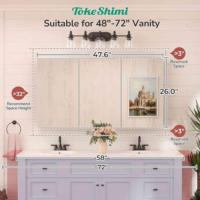 TokeShimi 48x26 Recessed Medicine Cabinet with Mirror Aluminum, Silver Tempered Frameless Bathroom Mirror with Storage Adjustable, White Wall Mounted Medicine Cabinet for Bathroom Farmhouse