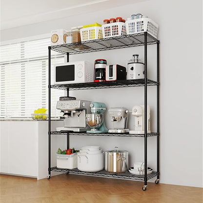4 Tier Storage Racks Shelving, Heavy Steel Pantry Shelves, Adjustable Wire Shelving Rack with Wheels, Suitable for Garage, Kitchen, Bathroom, Office, 46" W x 18" D x 65" H, Black
