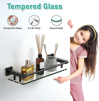 Glass Shelf 16IN for Bathroom Black Rectangular Stainless Steel Tempered Glass Modern Wall Mount Shelf Sink Over Toilet Bathroom Organizer (Matte Black, 16‘’)