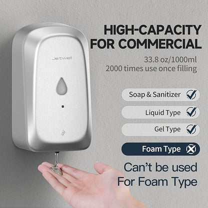 JETWELL Automatic Touch-Less Wall Mount Hand Soap Dispenser Liquid Drop Battery Operated, Brushed Stainless Steel Cover Large Capacity 34OZ/1000ML for Kitchen Home Commercial Bathroom