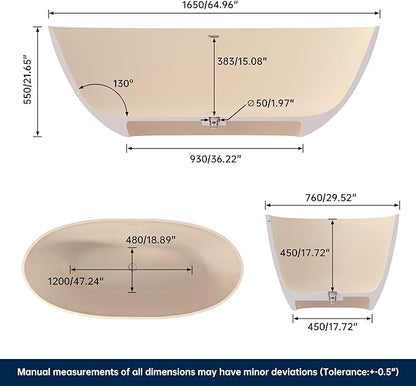 Stone Resin Freestanding Bathtub 65", Elegant Oval Shape Soaking Tub, Solid Surface Stand Alone Bathtub with Drain & Integrated Slotted Overflow AMFS303-1650 milky coffee