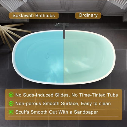Stone Resin Freestanding Bathtubs,Soklawah 55" Solid Surface Luxury Soaking Tub,Oval Stand Alone Bathroom Bath tub with Drain & Integrated Slotted Overflow,Matte White Elegant Soaker Free Standing Tub