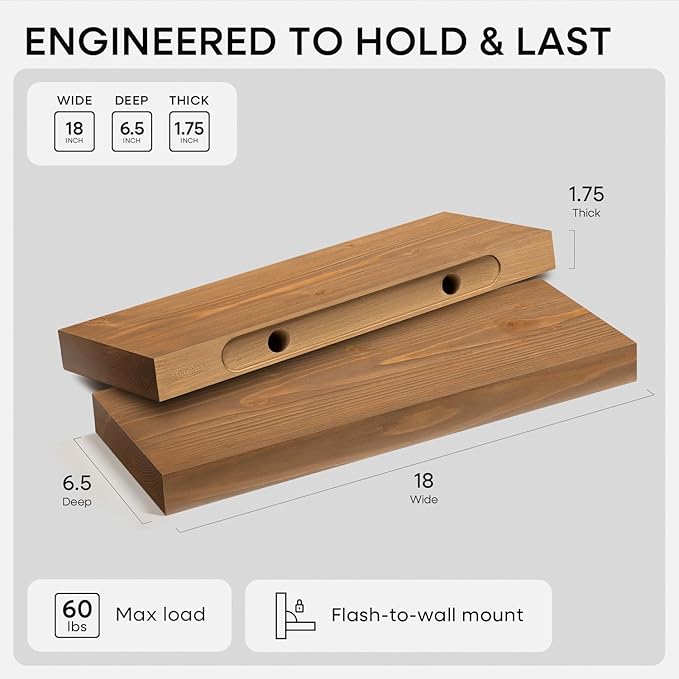 Homeforia 18 inch Golden Oak Floating Shelf, High End Solid Real Wood 18inch Small Floating Shelves for Wall Mounted, Oak Wooden 18in Floating Shelves, Heavy Duty Bracket, 18 X 6.5 X 1.75 in, Set of 2