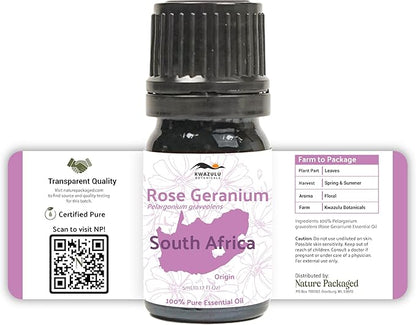Rose Geranium Essential Oil - Direct from Kwazulu Botanicals in South Africa- Organic Essential Oils for Body, Diffusers, or Aromatherapy | Pure Therapeutic Grade (5ml)