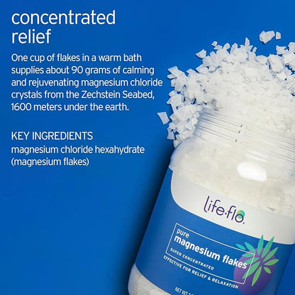 LIFE-FLO Pure Magnesium Bath Flakes - Epsom Salt Soak Alternative - Unscented Magnesium Flakes from The Zechstein Seabed - Relaxing Foot Bath with Ancient Trace Minerals - 60-Day Guarantee, 44oz