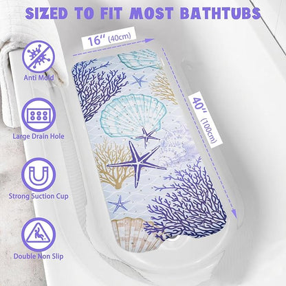 Ocean Bathtub Mat Non Slip, Cute Baby Bath Mat for Tub Rubber Tub Mat, Coral Seashells Toddler Kids Bath Mats for Bathroom Anti Slip Shower Mat with Suction and Drain Holes Machine Washable, 40″x16″