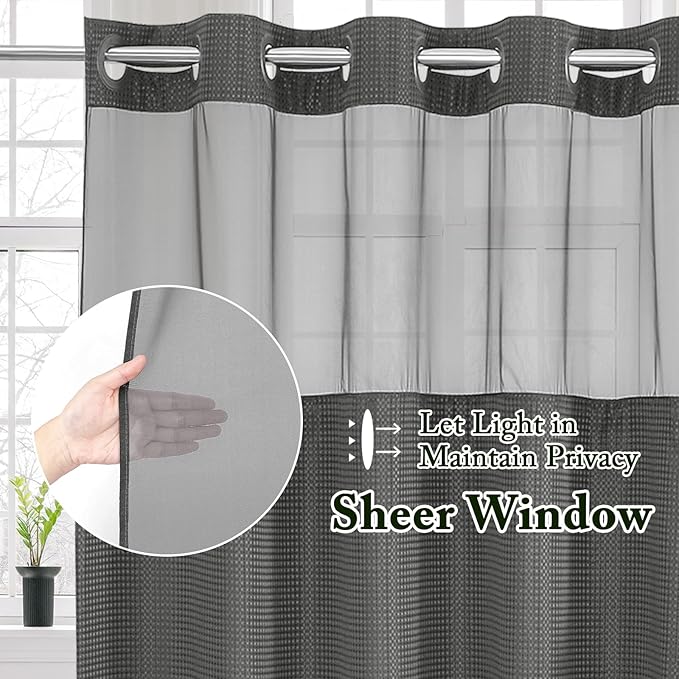 Gibelle Stall Small Shower Curtain 36x74, Waffle Weave Shower Curtain with Snap-in Fabric Liner Set, No Hooks Needed, Hotel Style with Mesh Top Window, Charcoal Grey