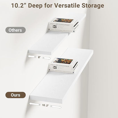 Vivelove 10 in Deep Floating Shelves for Wall, 36" x 10.2" x 1.5" Shelves for Room Wall Mounted, 1.5 Inch Thick Shelf for Bathroom Bedroom Kitchen Book Room, Modern Farmhouse Decor, Set of 2, White