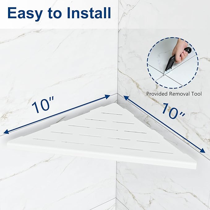 Corner Shower Shelves, 10” Recessed Tile Shower Shelf, 304 Stainless Steel Grout in Corner Tile Shower Shelves, No Drilling, Matte White, 2 Pack
