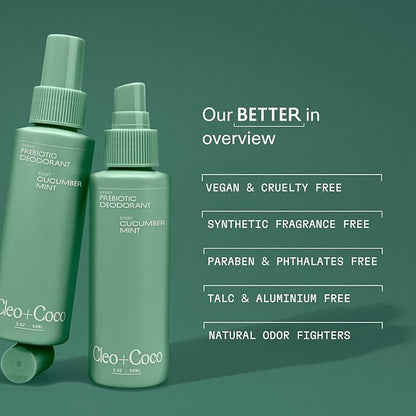 Cleo+Coco Prebiotic Deodorant Spray, Cucumber Mint (3.0 oz), Multi-Use Deodorizing & Soothing Body Spray for Women and Men, Aluminum-Free & Vegan Whole Body Deodorant