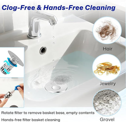 Upgraded Bathroom Sink Drain Strainer, Universal Stainless Steel Sink Stopper with Filter Basket Hair Catcher, Sink Plug for 1.05-2.0" Basin, Brass Bullet Core, Chrome