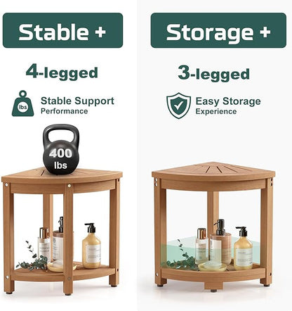 Waterproof Corner Shower Stool for Inside Shower, Poly Lumber Shower Bench Seat Chair, Bath Shower Stool for Shaving Legs Foot Rest with Storage Shelf, Adjustable & Non-Slip Feet, Teak Brown