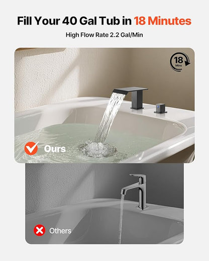 VEVOR Roman Tub Faucet, 3 Hole Waterfall Bathtub Faucet, Roman Bathtub Faucets Set with 2 Handles, Deck Mount Bath Tub Faucets Set for Pet Washing, Baby Care, Adult Bathing, Matte Black, Drip-Free