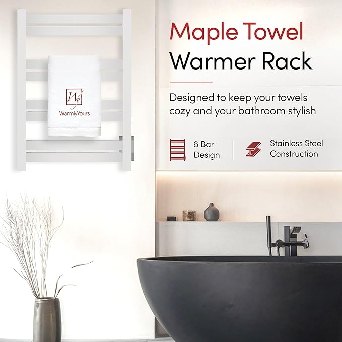 WarmlyYours Heated Towel Warmer Rack, 8-Bar, Hardwired, Integrated On/Off Switch with Light, 304-Stainless Steel (Maple)