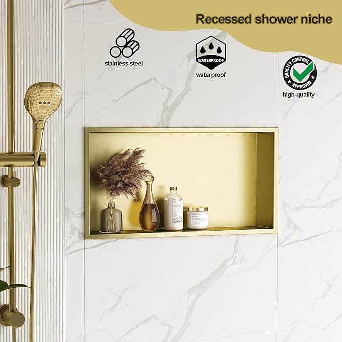 Neodrain No Tile Shower Niche, Golden Stainless Steel Wall Niche 25.1"X13.1"(Inner Size 24"X12"), NO Tile Needed Recessed Cabinet for Bathroom Storage, Waterproof Cubby